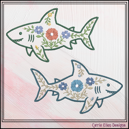 Floral Shark Machine Embroidery Design | Botanical Shark Stitch File | Coastal Ocean Embroidery Pattern, 6 Sizes, (4137)