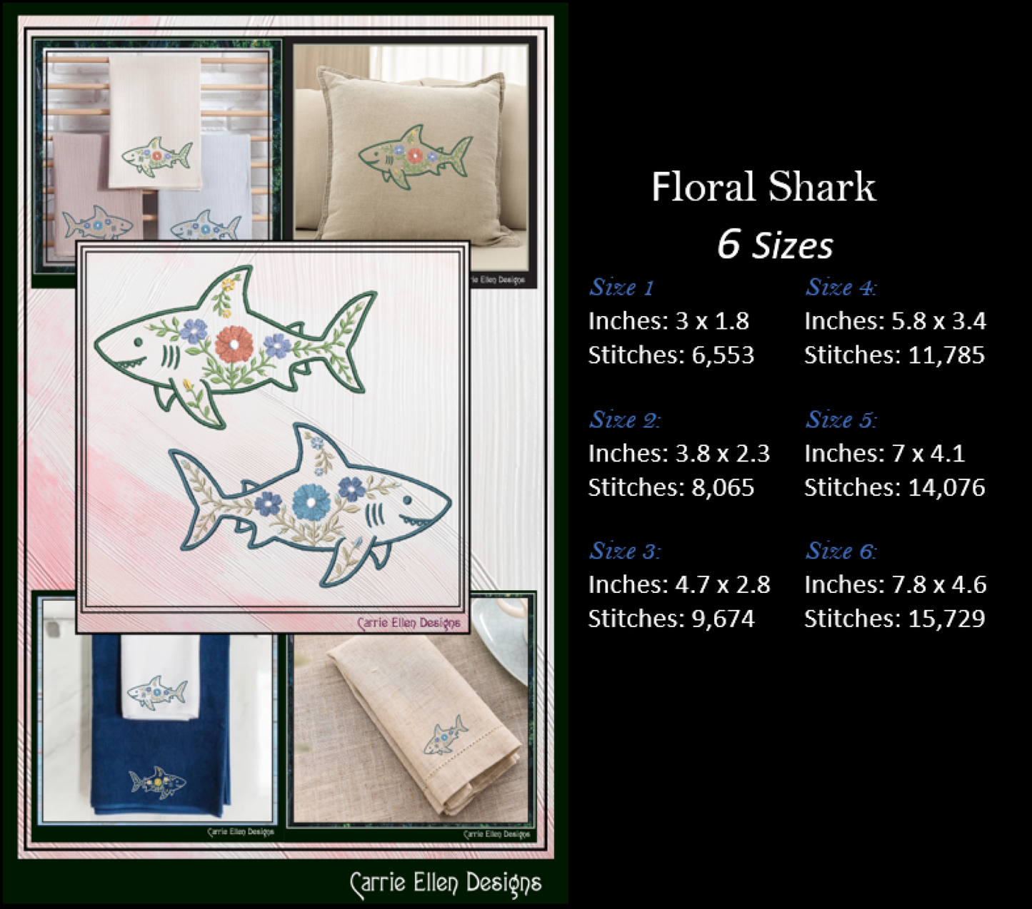 Floral Shark Machine Embroidery Design | Botanical Shark Stitch File | Coastal Ocean Embroidery Pattern, 6 Sizes, (4137)