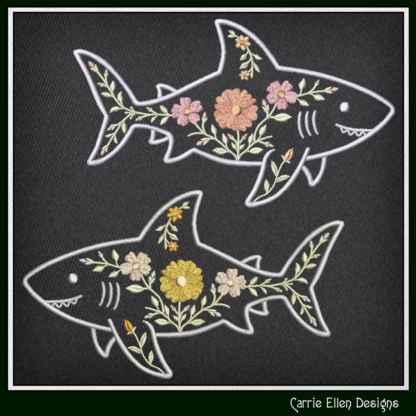 Floral Shark Machine Embroidery Design | Botanical Shark Stitch File | Coastal Ocean Embroidery Pattern, 6 Sizes, (4137)