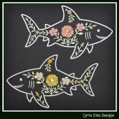 Floral Shark Machine Embroidery Design | Botanical Shark Stitch File | Coastal Ocean Embroidery Pattern, 6 Sizes, (4137)