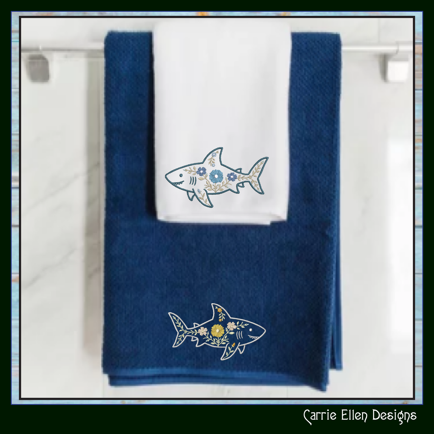 Floral Shark Machine Embroidery Design | Botanical Shark Stitch File | Coastal Ocean Embroidery Pattern, 6 Sizes, (4137)