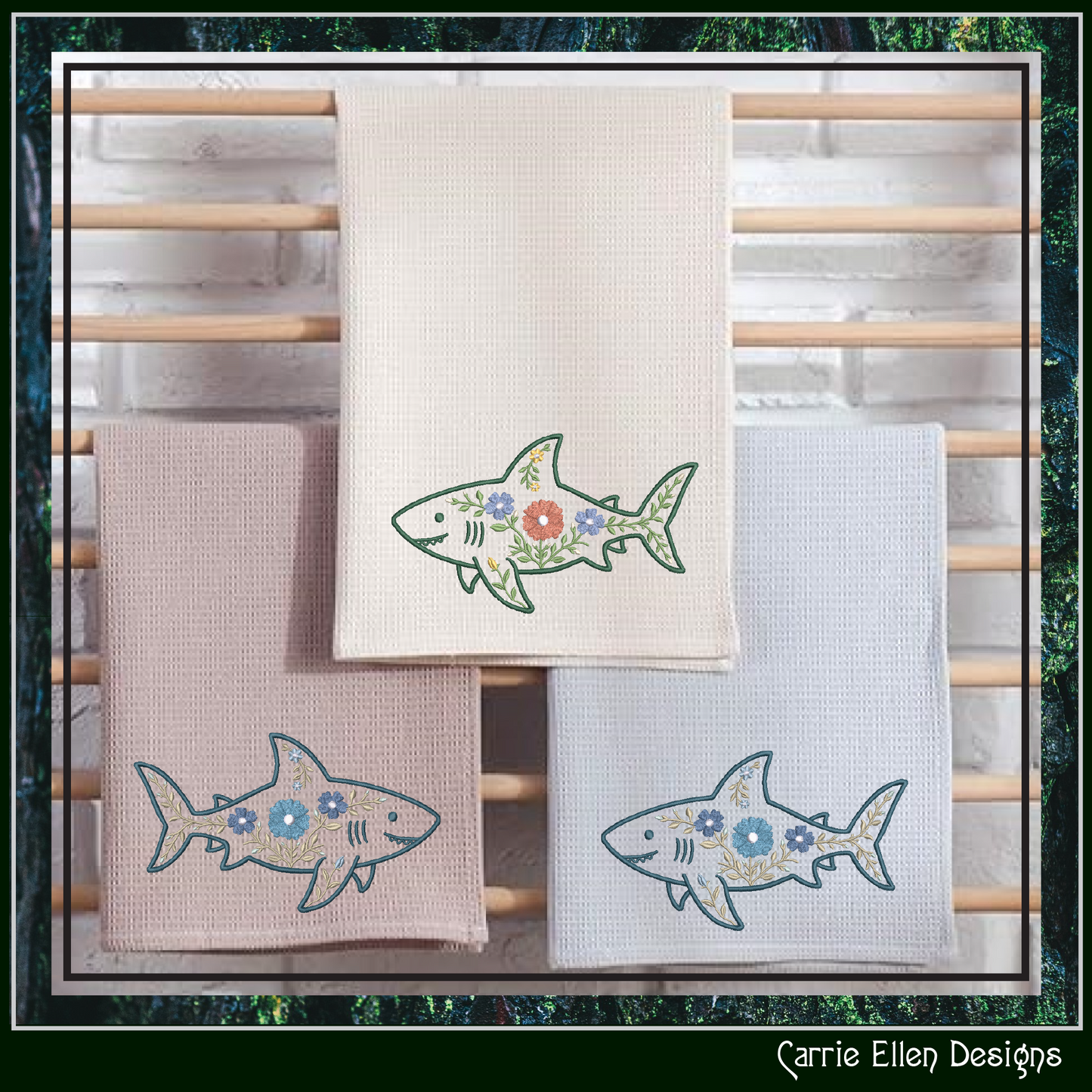 Floral Shark Machine Embroidery Design | Botanical Shark Stitch File | Coastal Ocean Embroidery Pattern, 6 Sizes, (4137)