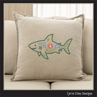 Floral Shark Machine Embroidery Design | Botanical Shark Stitch File | Coastal Ocean Embroidery Pattern, 6 Sizes, (4137)