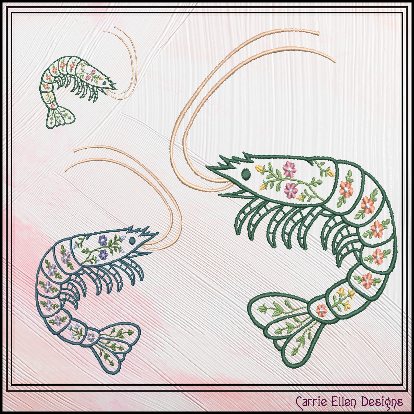 Floral Shrimp Machine Embroidery Design | Botanical Shrimp Stitch File | Nautical Digital Download, 6 Sizes, (4138)