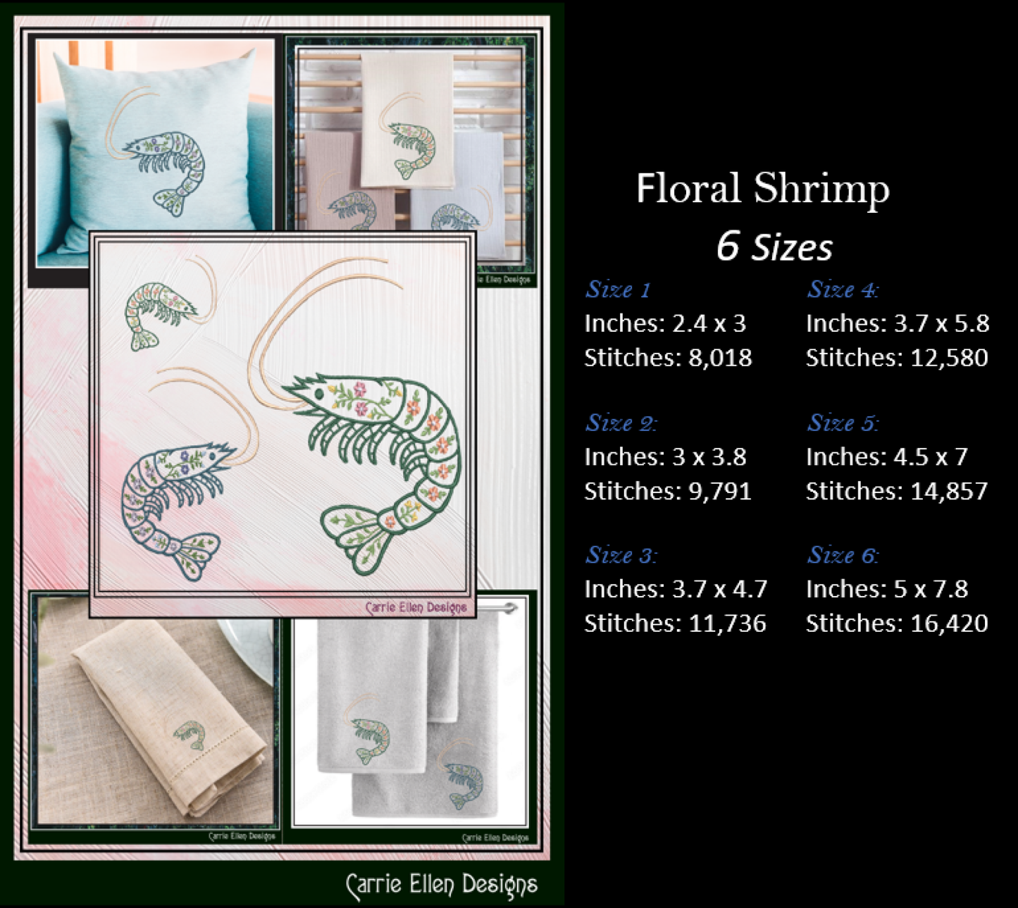Floral Shrimp Machine Embroidery Design | Botanical Shrimp Stitch File | Nautical Digital Download, 6 Sizes, (4138)