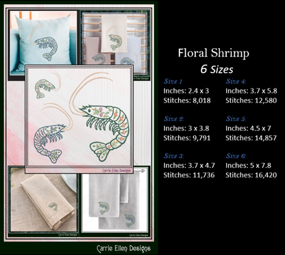 Floral Shrimp Machine Embroidery Design | Botanical Shrimp Stitch File | Nautical Digital Download, 6 Sizes, (4138)