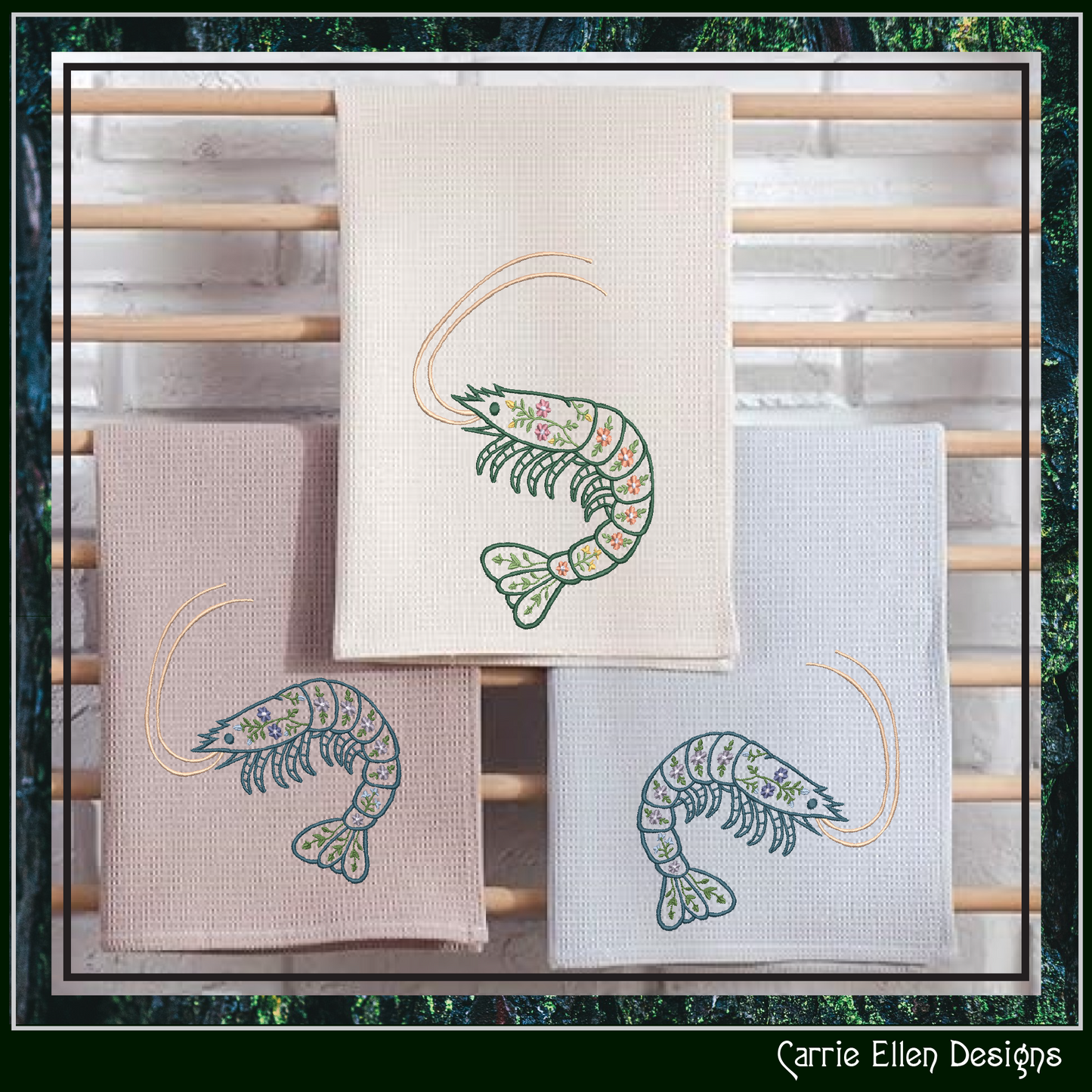 Floral Shrimp Machine Embroidery Design | Botanical Shrimp Stitch File | Nautical Digital Download, 6 Sizes, (4138)