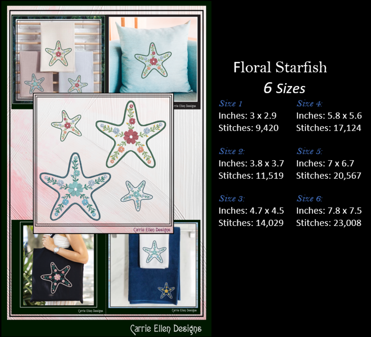 Floral Starfish Machine Embroidery Design | Botanical Sea Star Stitch File | Coastal Beach Pattern, 6 Sizes, (4139)
