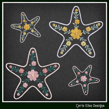 Floral Starfish Machine Embroidery Design | Botanical Sea Star Stitch File | Coastal Beach Pattern, 6 Sizes, (4139)