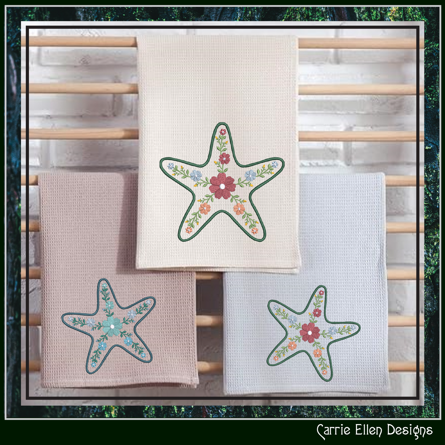Floral Starfish Machine Embroidery Design | Botanical Sea Star Stitch File | Coastal Beach Pattern, 6 Sizes, (4139)