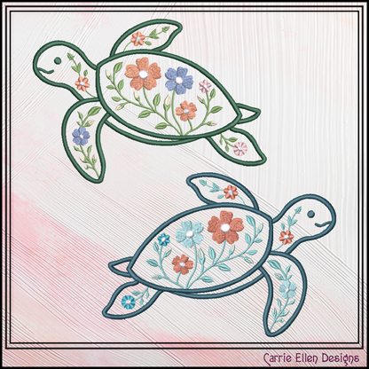 Floral Turtle Machine Embroidery Design | Sea Turtle with Flowers | Coastal Nautical Stitch File, 6 Sizes, (4140)