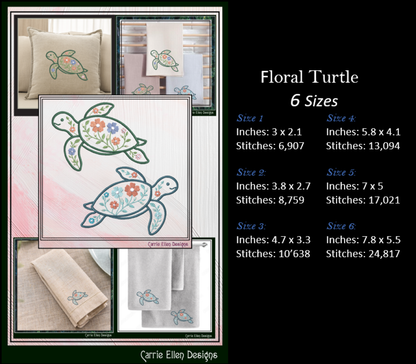 Floral Turtle Machine Embroidery Design | Sea Turtle with Flowers | Coastal Nautical Stitch File, 6 Sizes, (4140)