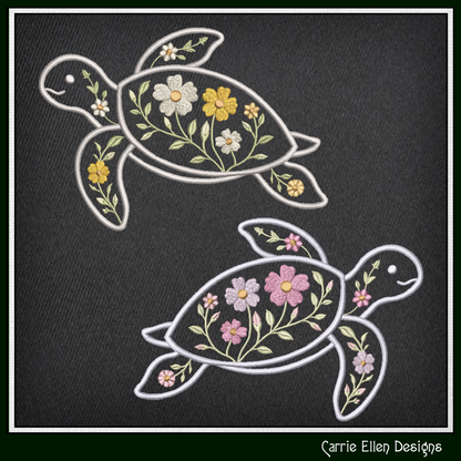 Floral Turtle Machine Embroidery Design | Sea Turtle with Flowers | Coastal Nautical Stitch File, 6 Sizes, (4140)