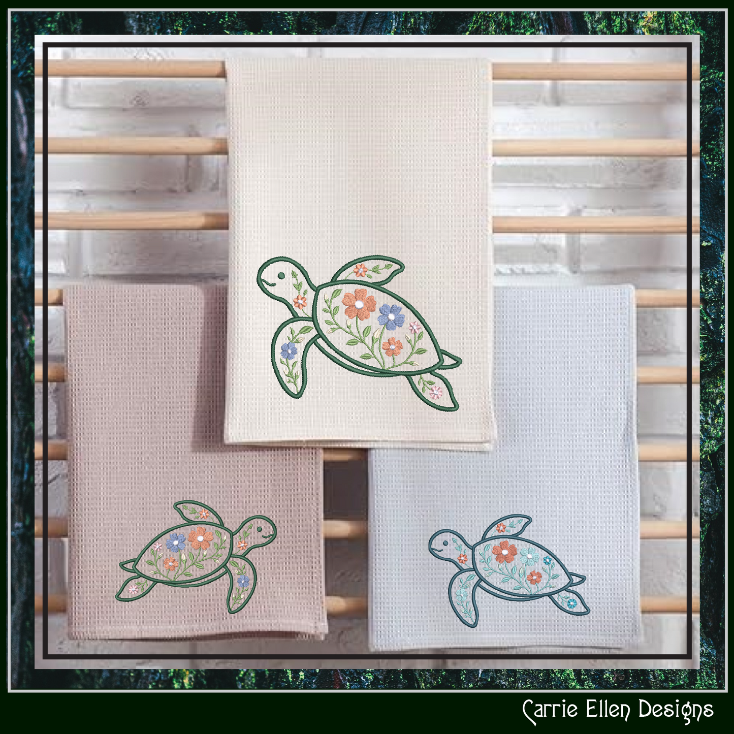 Floral Turtle Machine Embroidery Design | Sea Turtle with Flowers | Coastal Nautical Stitch File, 6 Sizes, (4140)