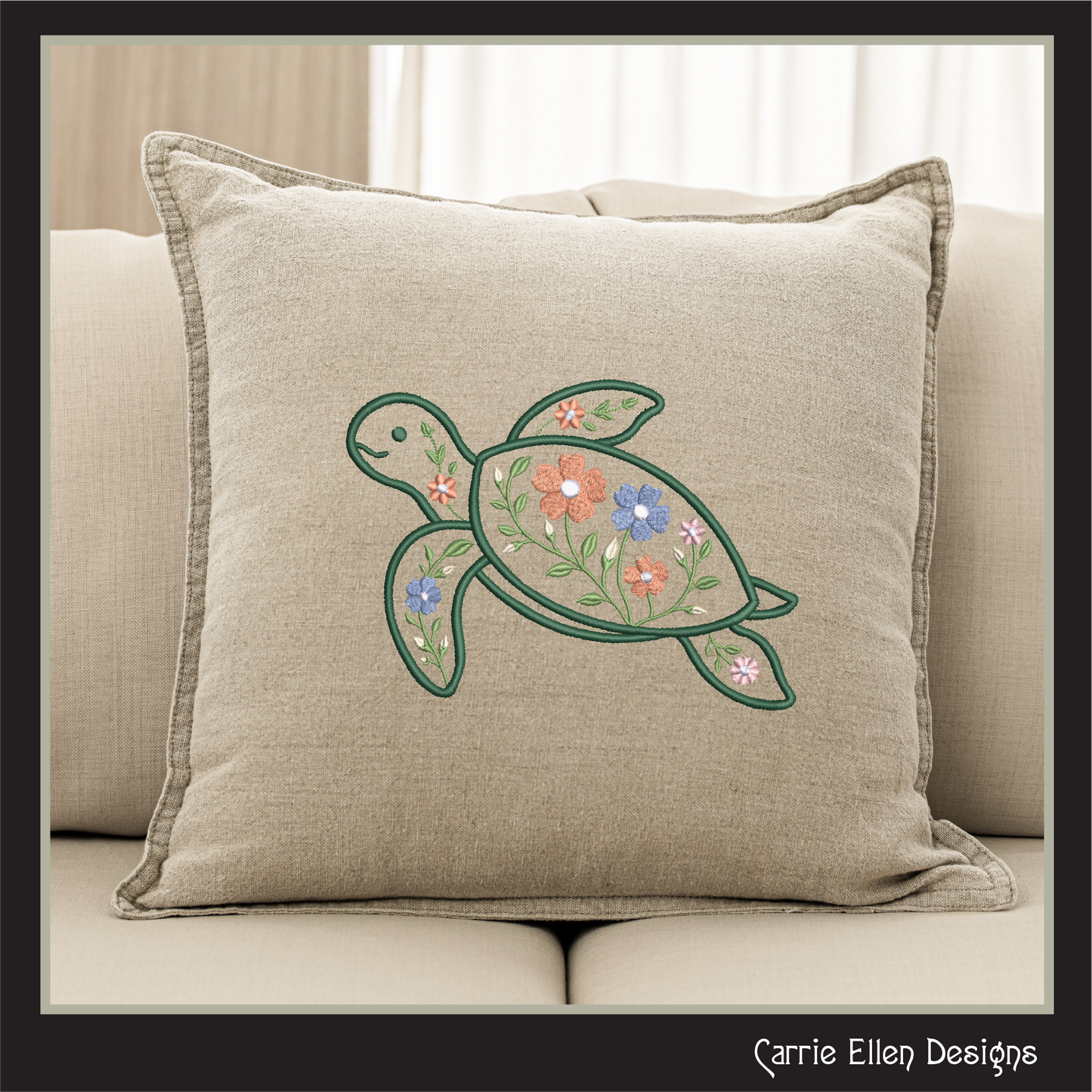 Floral Turtle Machine Embroidery Design | Sea Turtle with Flowers | Coastal Nautical Stitch File, 6 Sizes, (4140)