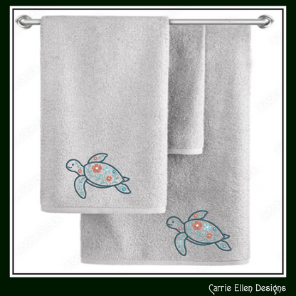 Floral Turtle Machine Embroidery Design | Sea Turtle with Flowers | Coastal Nautical Stitch File, 6 Sizes, (4140)