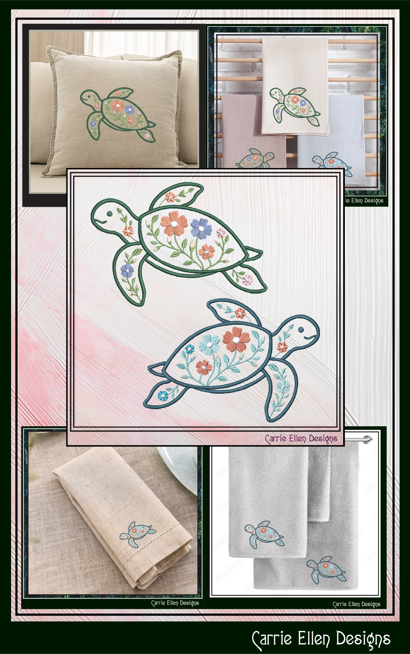 Floral Turtle Machine Embroidery Design | Sea Turtle with Flowers | Coastal Nautical Stitch File, 6 Sizes, (4140)