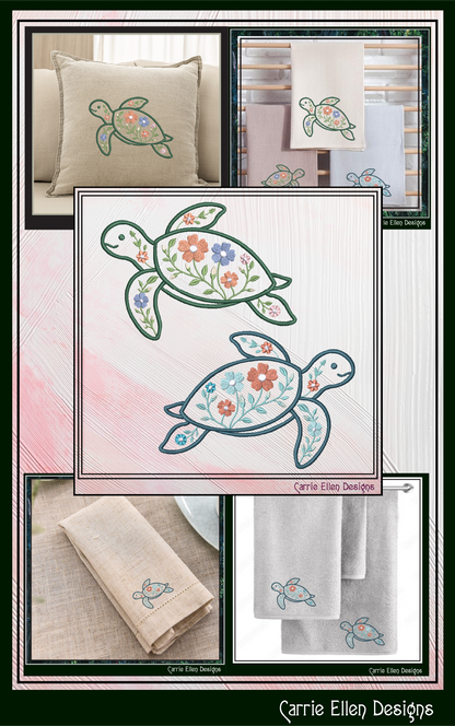Floral Turtle Machine Embroidery Design | Sea Turtle with Flowers | Coastal Nautical Stitch File, 6 Sizes, (4140)
