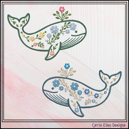 Floral Whale Machine Embroidery Design | Ocean Whale with Flowers | Coastal Nautical Stitch File, 6 Sizes, (4141)