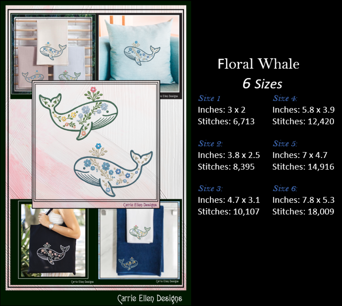 Floral Marine Life Machine Embroidery Design Bundle | Ocean Animal Embroidery Collection, 12 Designs, 6 Sizes, (4142)