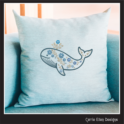 Floral Whale Machine Embroidery Design | Ocean Whale with Flowers | Coastal Nautical Stitch File, 6 Sizes, (4141)