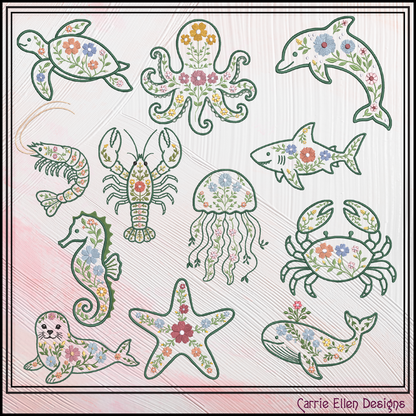 Floral Marine Life Machine Embroidery Design Bundle | Ocean Animal Embroidery Collection, 12 Designs, 6 Sizes, (4142)