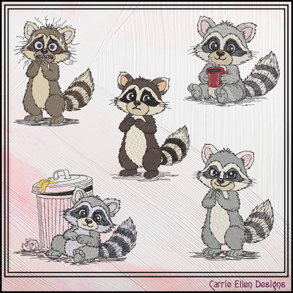 Cute Raccoon Machine Embroidery Design Bundle | 5 Woodland Raccoon Stitch Files, 6 Sizes (4146)