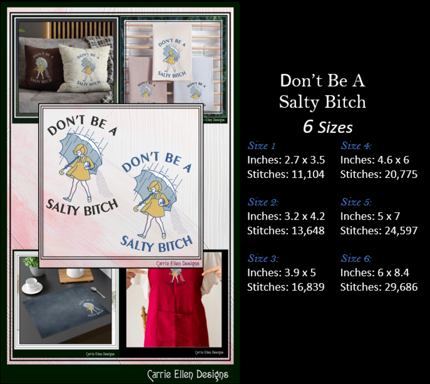 Don't Be A Salty Bitch Machine Embroidery Design | Funny Rainy Day Stitch File | Snarky Adult Humor, 6 Sizes (4148)