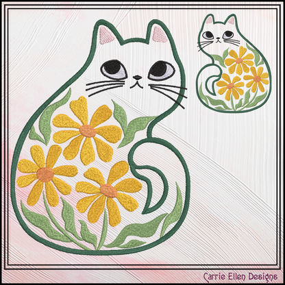 Modern Floral Cat Machine Embroidery Design | Botanical Tabby Cat Embroidery Pattern | Whimsical Flower Cat Stitch File, 6 Sizes (4149)