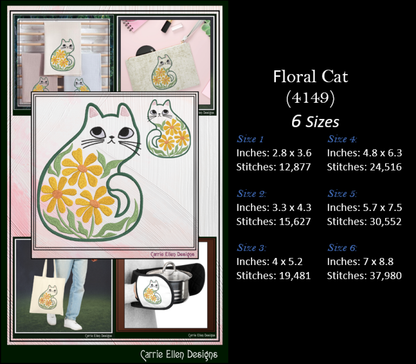 Modern Floral Cat Machine Embroidery Design | Botanical Tabby Cat Embroidery Pattern | Whimsical Flower Cat Stitch File, 6 Sizes (4149)