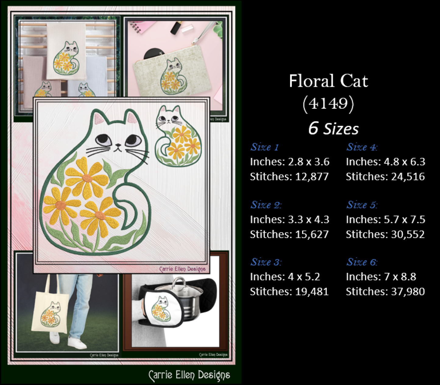 Modern Floral Cat Bundle Machine Embroidery Designs | Botanical Cat Collection | Whimsical Flower Cat Embroidery Pattern Set, 6 Designs, 6 Sizes Each (4155)