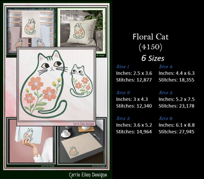 Modern Floral Cat Machine Embroidery Design | Botanical Tabby Cat Embroidery Pattern | Whimsical Flower Cat Stitch File, 6 Sizes (4150)