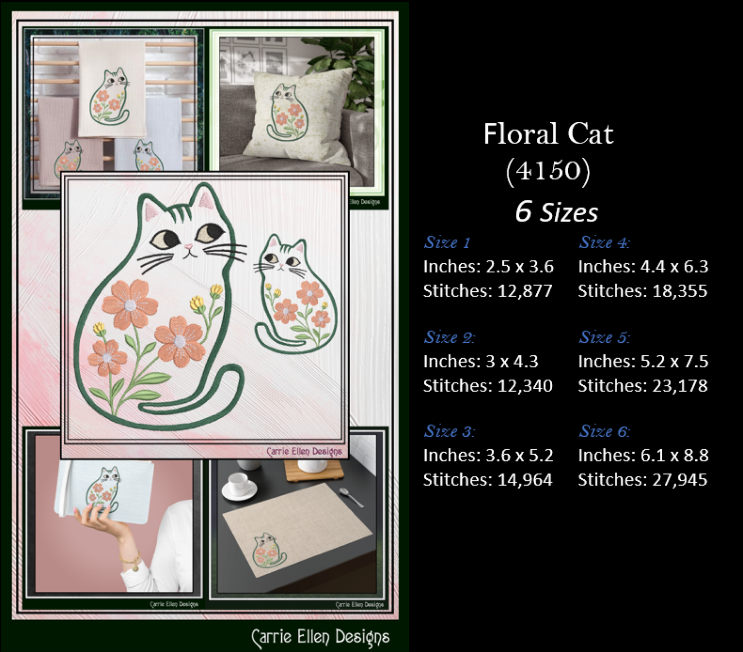 Modern Floral Cat Bundle Machine Embroidery Designs | Botanical Cat Collection | Whimsical Flower Cat Embroidery Pattern Set, 6 Designs, 6 Sizes Each (4155)
