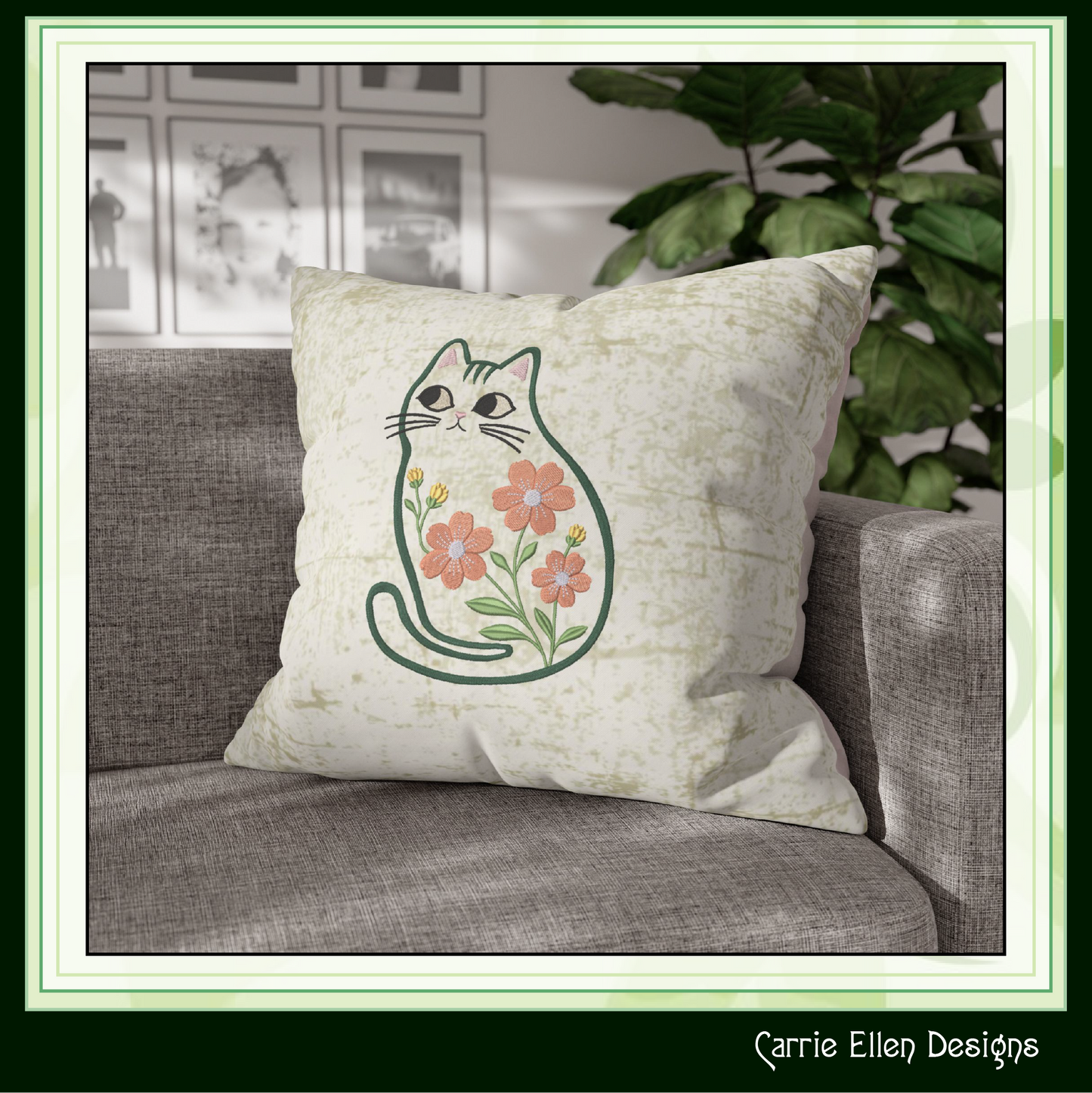 Modern Floral Cat Machine Embroidery Design | Botanical Tabby Cat Embroidery Pattern | Whimsical Flower Cat Stitch File, 6 Sizes (4150)