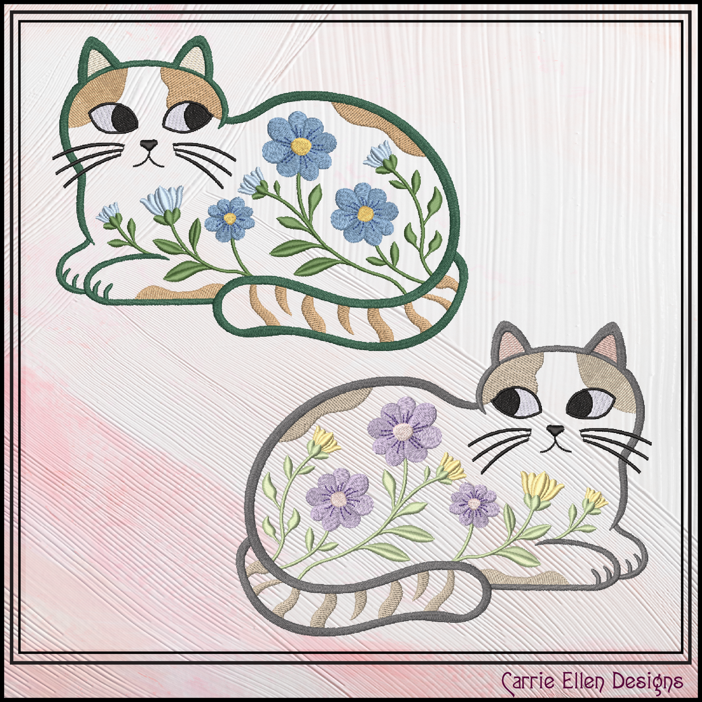 Modern Floral Cat Machine Embroidery Design | Botanical Tabby Cat Embroidery Pattern | Whimsical Flower Cat Stitch File, 6 Sizes (4151)