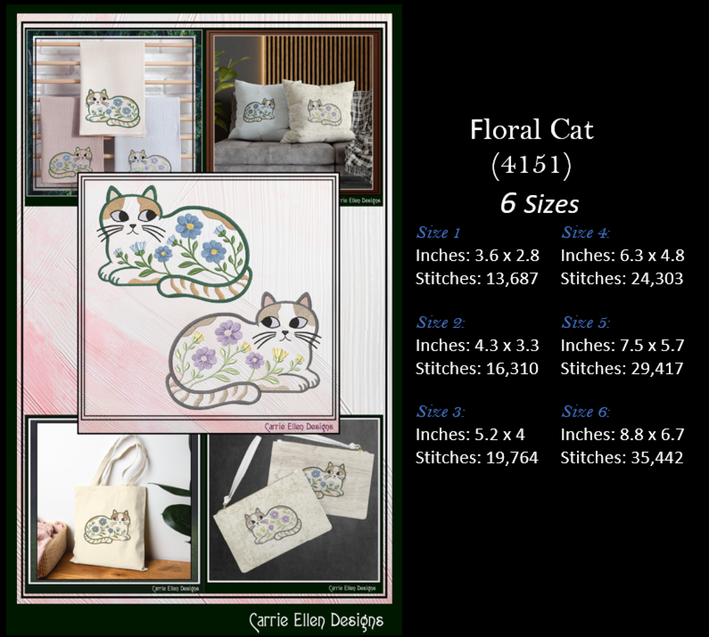 Modern Floral Cat Bundle Machine Embroidery Designs | Botanical Cat Collection | Whimsical Flower Cat Embroidery Pattern Set, 6 Designs, 6 Sizes Each (4155)