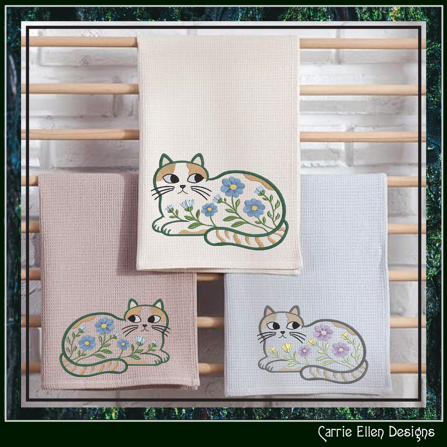 Modern Floral Cat Machine Embroidery Design | Botanical Tabby Cat Embroidery Pattern | Whimsical Flower Cat Stitch File, 6 Sizes (4151)