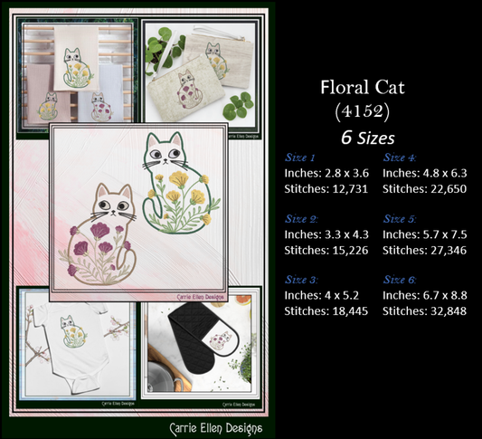 Modern Floral Cat Machine Embroidery Design | Botanical Tabby Cat Embroidery Pattern | Whimsical Flower Cat Stitch File, 6 Sizes (4152)