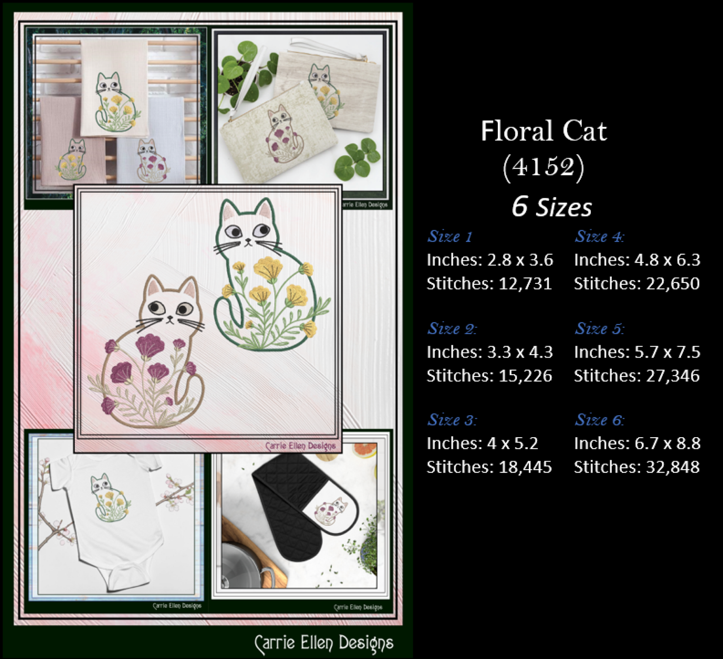 Modern Floral Cat Bundle Machine Embroidery Designs | Botanical Cat Collection | Whimsical Flower Cat Embroidery Pattern Set, 6 Designs, 6 Sizes Each (4155)