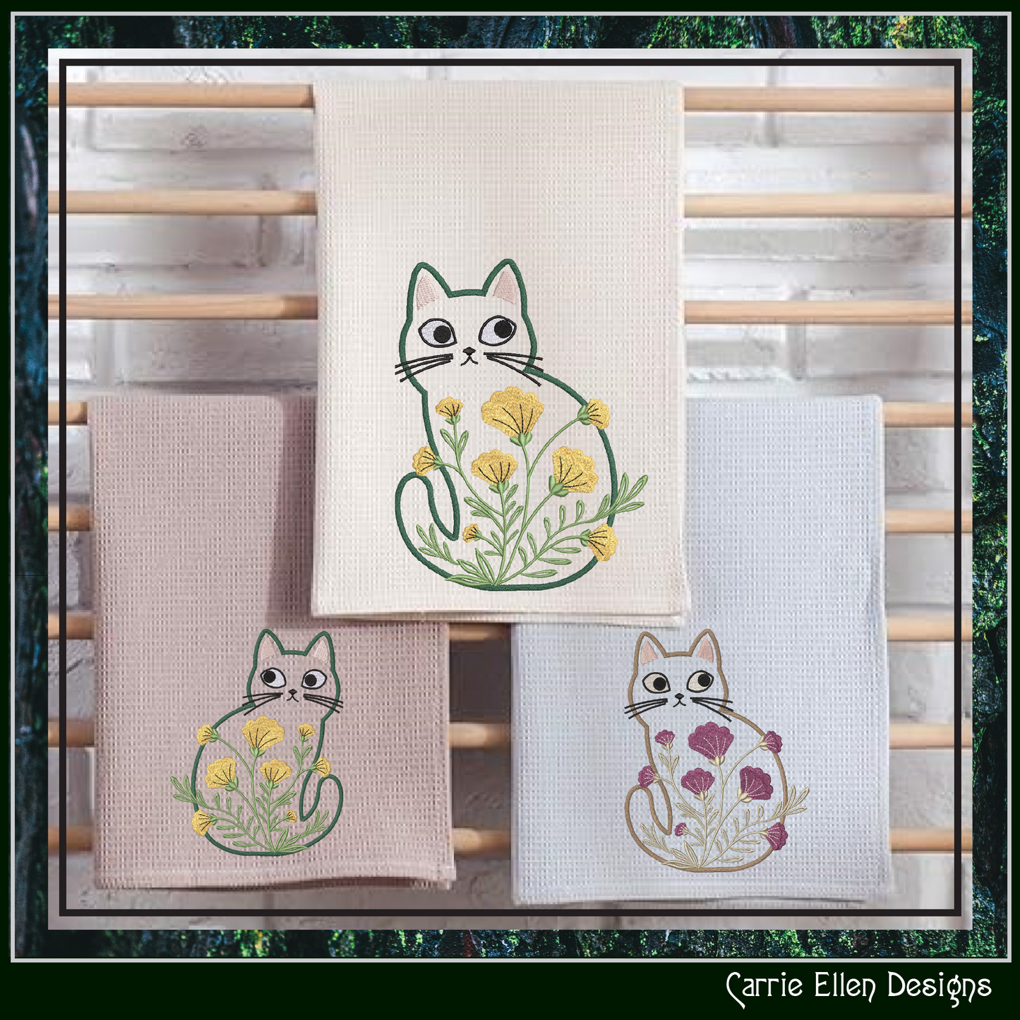 Modern Floral Cat Machine Embroidery Design | Botanical Tabby Cat Embroidery Pattern | Whimsical Flower Cat Stitch File, 6 Sizes (4152)
