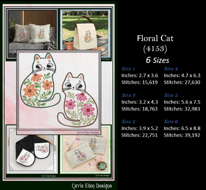 Modern Floral Cat Machine Embroidery Design | Botanical Tabby Cat Embroidery Pattern | Whimsical Flower Cat Stitch File, 6 Sizes (4153)