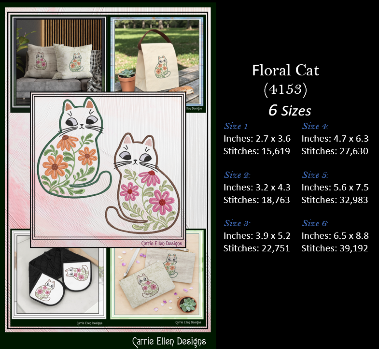 Modern Floral Cat Bundle Machine Embroidery Designs | Botanical Cat Collection | Whimsical Flower Cat Embroidery Pattern Set, 6 Designs, 6 Sizes Each (4155)