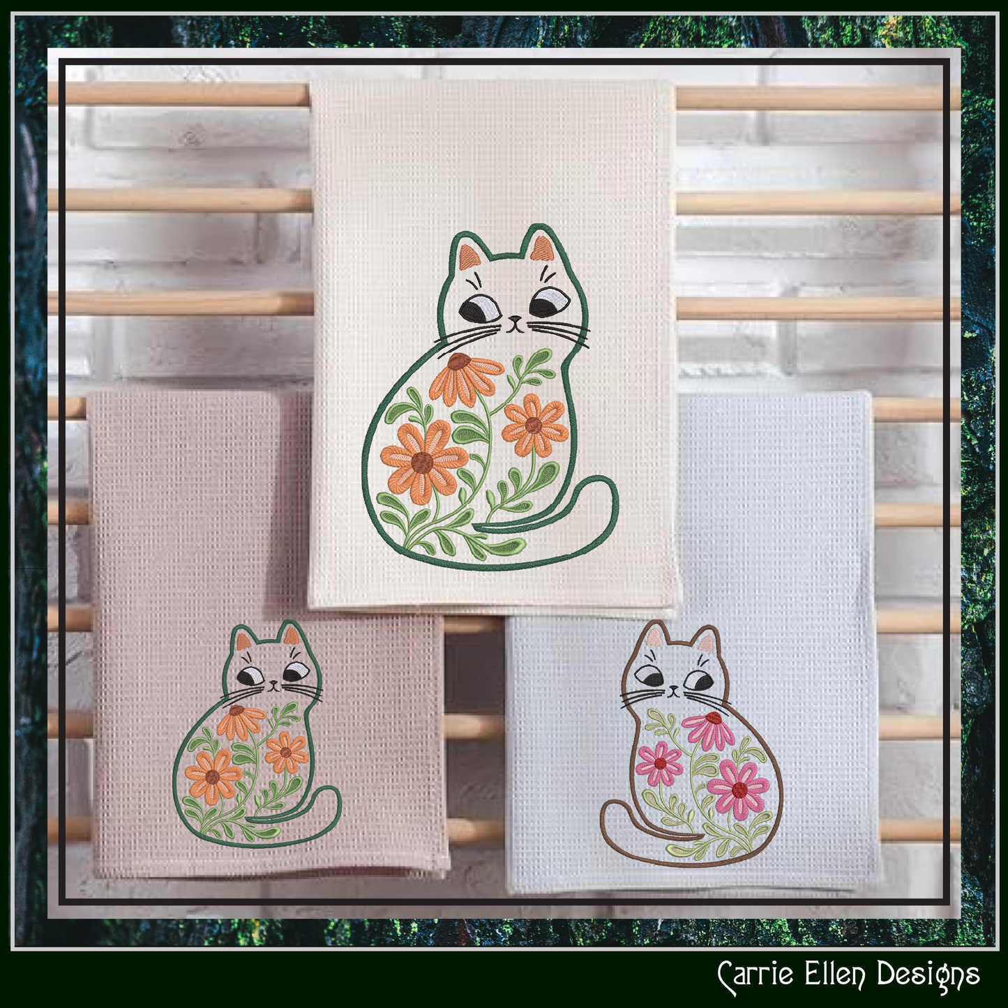 Modern Floral Cat Machine Embroidery Design | Botanical Tabby Cat Embroidery Pattern | Whimsical Flower Cat Stitch File, 6 Sizes (4153)