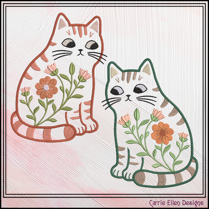 Modern Floral Cat Machine Embroidery Design | Botanical Tabby Cat Embroidery Pattern | Whimsical Flower Cat Stitch File, 6 Sizes (4154)
