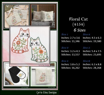 Modern Floral Cat Machine Embroidery Design | Botanical Tabby Cat Embroidery Pattern | Whimsical Flower Cat Stitch File, 6 Sizes (4154)