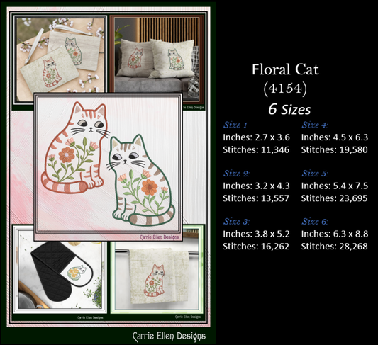 Modern Floral Cat Machine Embroidery Design | Botanical Tabby Cat Embroidery Pattern | Whimsical Flower Cat Stitch File, 6 Sizes (4154)