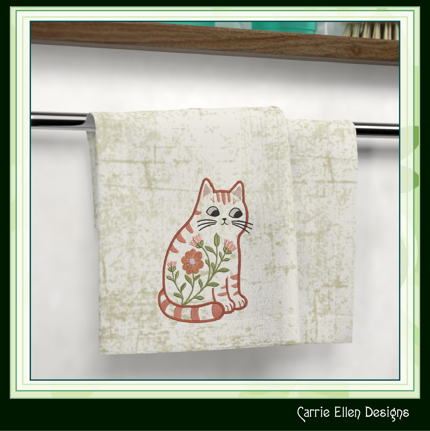 Modern Floral Cat Machine Embroidery Design | Botanical Tabby Cat Embroidery Pattern | Whimsical Flower Cat Stitch File, 6 Sizes (4154)