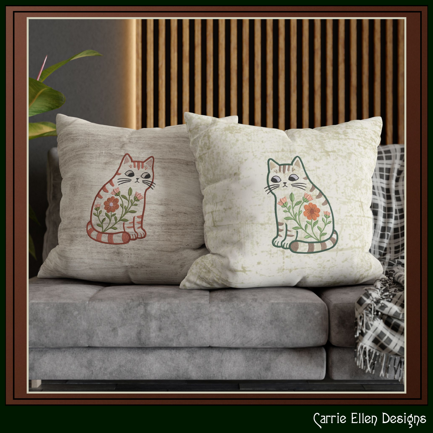 Modern Floral Cat Machine Embroidery Design | Botanical Tabby Cat Embroidery Pattern | Whimsical Flower Cat Stitch File, 6 Sizes (4154)
