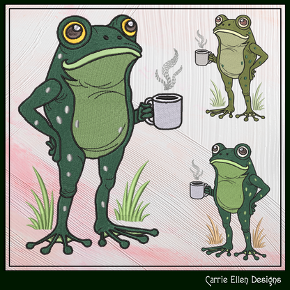 Frog with Coffee Machine Embroidery Design | Funny Morning Frog Stitch File | Coffee Lover Embroidery, 6 Sizes (4156)