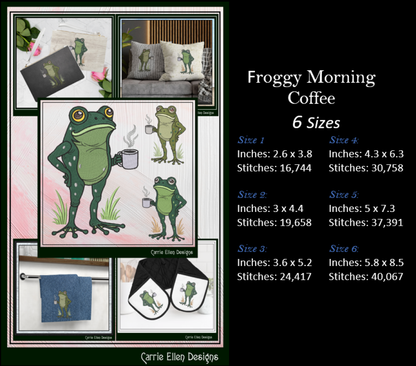 Frog with Coffee Machine Embroidery Design | Funny Morning Frog Stitch File | Coffee Lover Embroidery, 6 Sizes (4156)